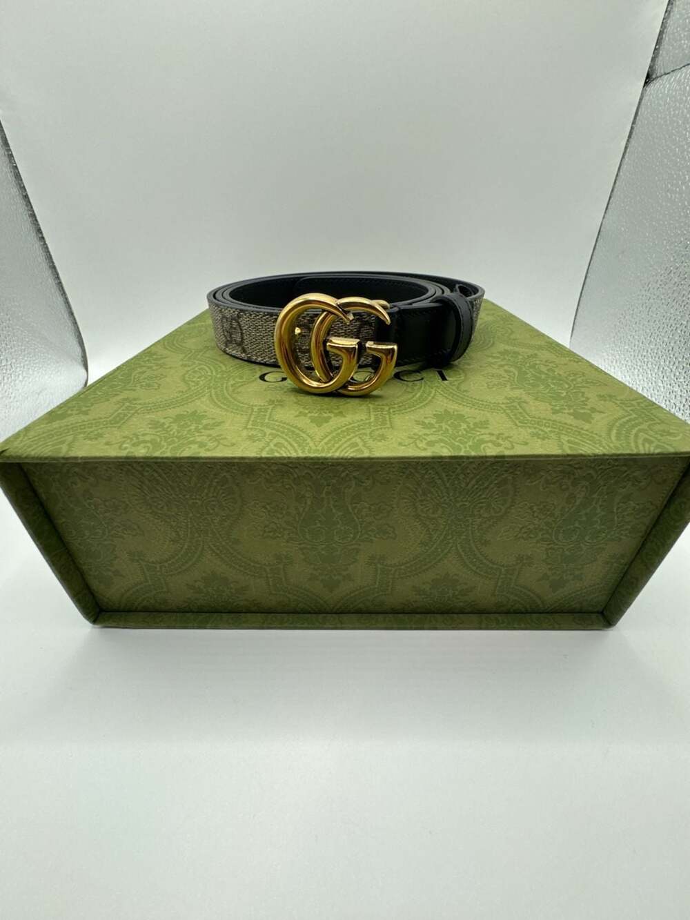 Authentic Gucci GG Marmont Thin Belt GG Supreme Monogram Canvas Black Leather 11